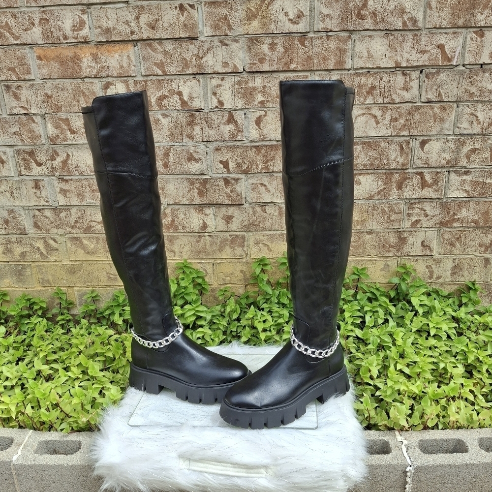 GBG Los Angeles Coen Thigh High With Chain Black Platform Boots Women Size 10 - Picture 3 of 16
